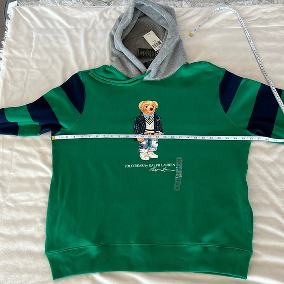 🎉Host Pick🎉Polo Ralph Lauren Green Polo Bear Hoodie w/ Navy Striped Sleeves XL - Picture 5 of 13